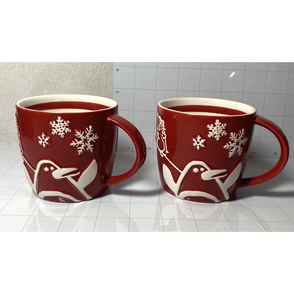 2 Starbucks Coffee Cups Mugs Penguin Tree 2007 Snow Winter Christmas Red White